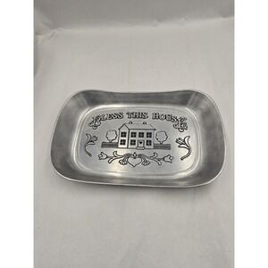 Vtg Wilton Armetale Serveware Bless This House Serving Bread Tray Platter Pewter